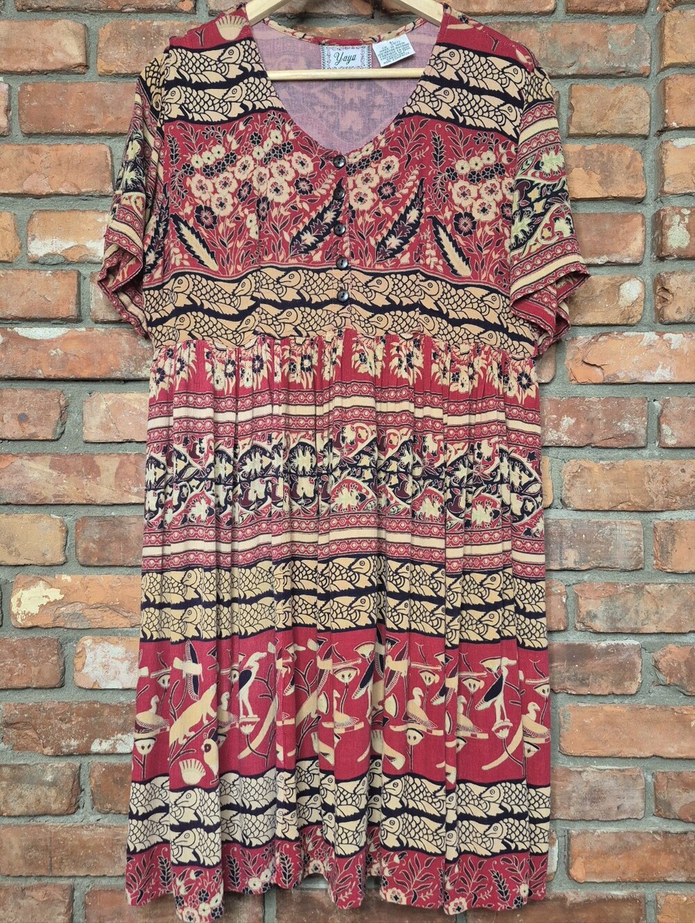 Yaya Viscose Border Print Dress Fish Bird Floral Boho Babydoll Button Front